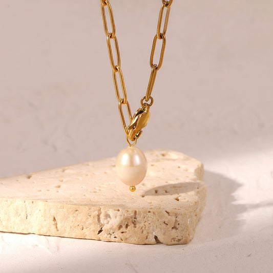 Stainless Steel Clip Chain Pearl Necklace