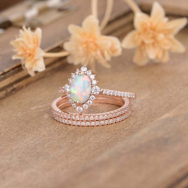 Rose Gold Lace Opal Ring Set