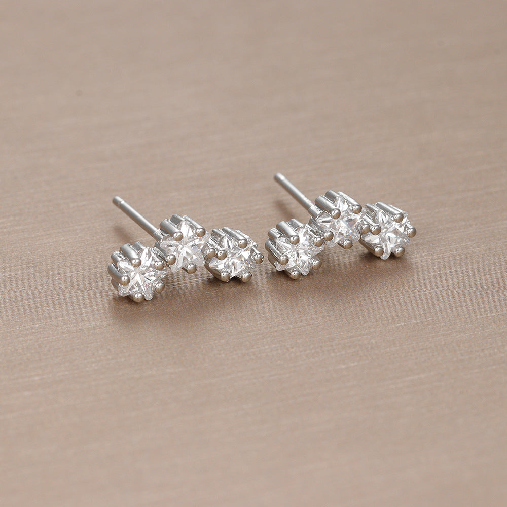 Sterling Silver Needle Geometric Stars Zircon Ear Studs