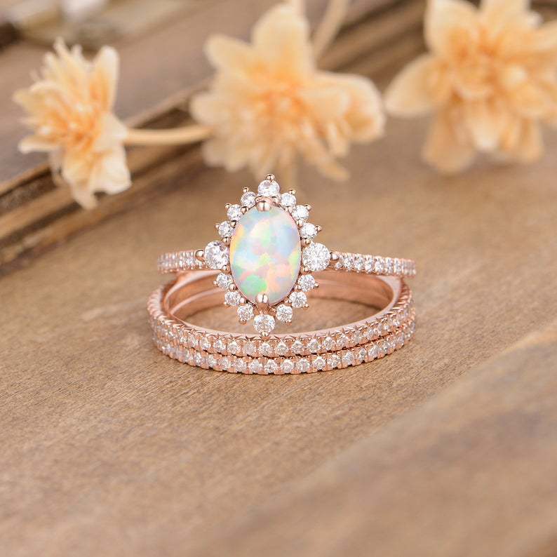 Rose Gold Lace Opal Ring Set