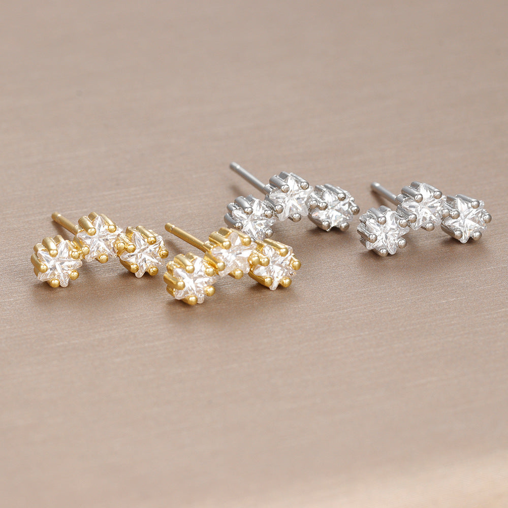 Sterling Silver Needle Geometric Stars Zircon Ear Studs