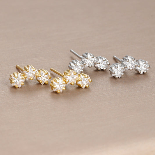 Sterling Silver Needle Geometric Stars Zircon Ear Studs