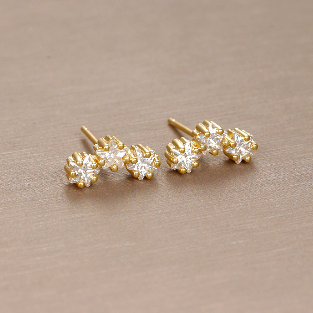 Sterling Silver Needle Geometric Stars Zircon Ear Studs