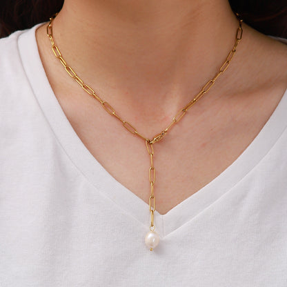 Stainless Steel Clip Chain Pearl Necklace