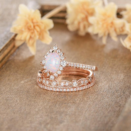 Rose Gold Lace Opal Ring Set