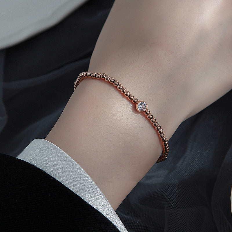 Rose Gold Inlaid Single Diamond Round Bead Bracelet For Girls