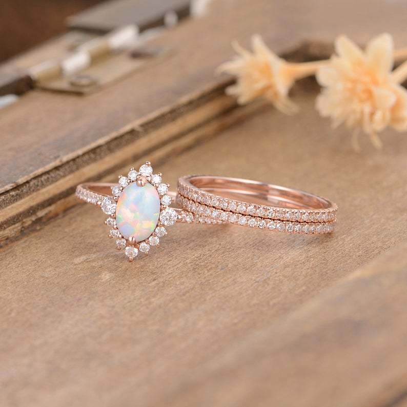 Rose Gold Lace Opal Ring Set