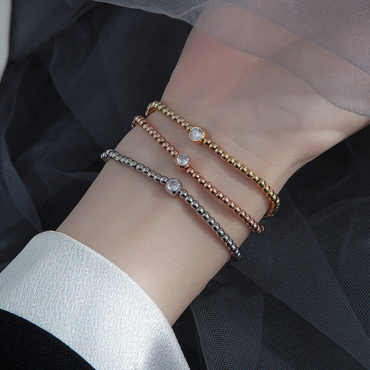 Rose Gold Inlaid Single Diamond Round Bead Bracelet For Girls