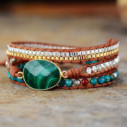 Natural Malachite 3 Circles Winding Bracelet